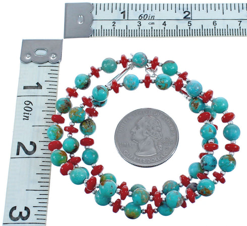 Southwest Sterling Silver Kingman Turquoise and Coral Bead Necklace KX121102